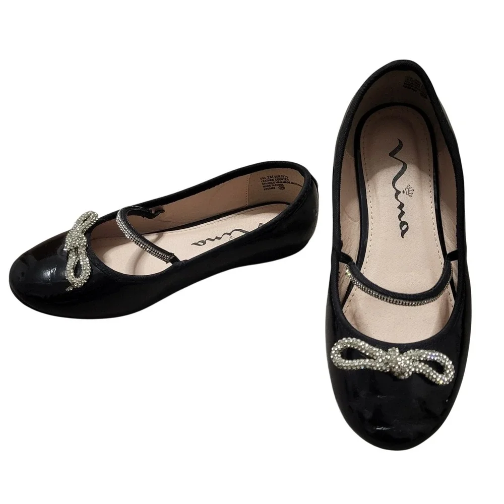 Nina Kids Black Patent Mary Jane Rhinestone Bow Flats Dressy Glossy Shoes 2